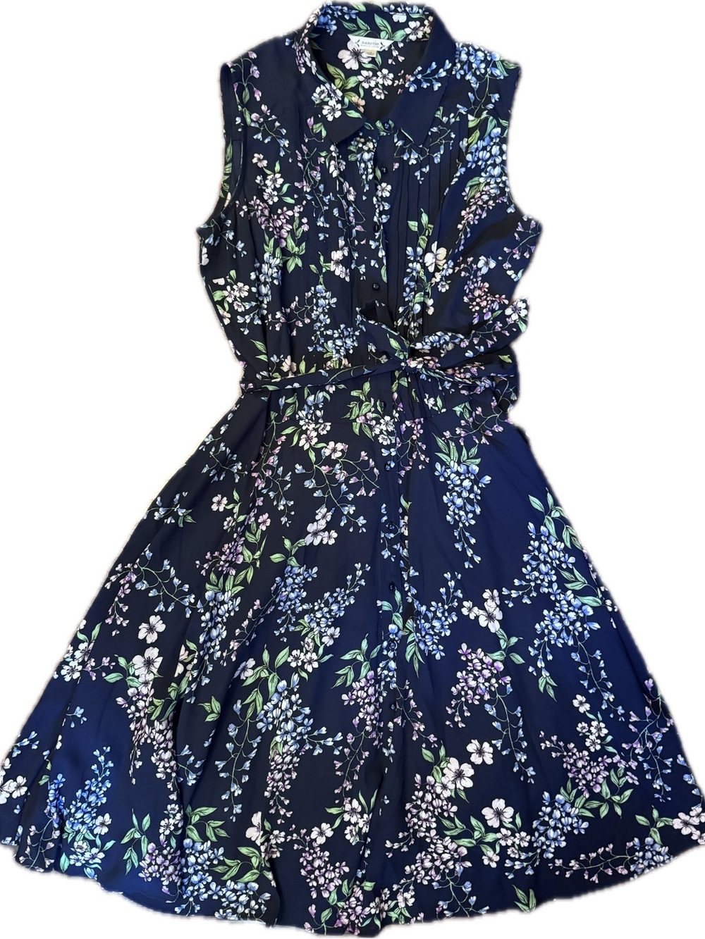 Nanette Lepore Navy Floral Sleeveless Shirt Dress with Tie Waist